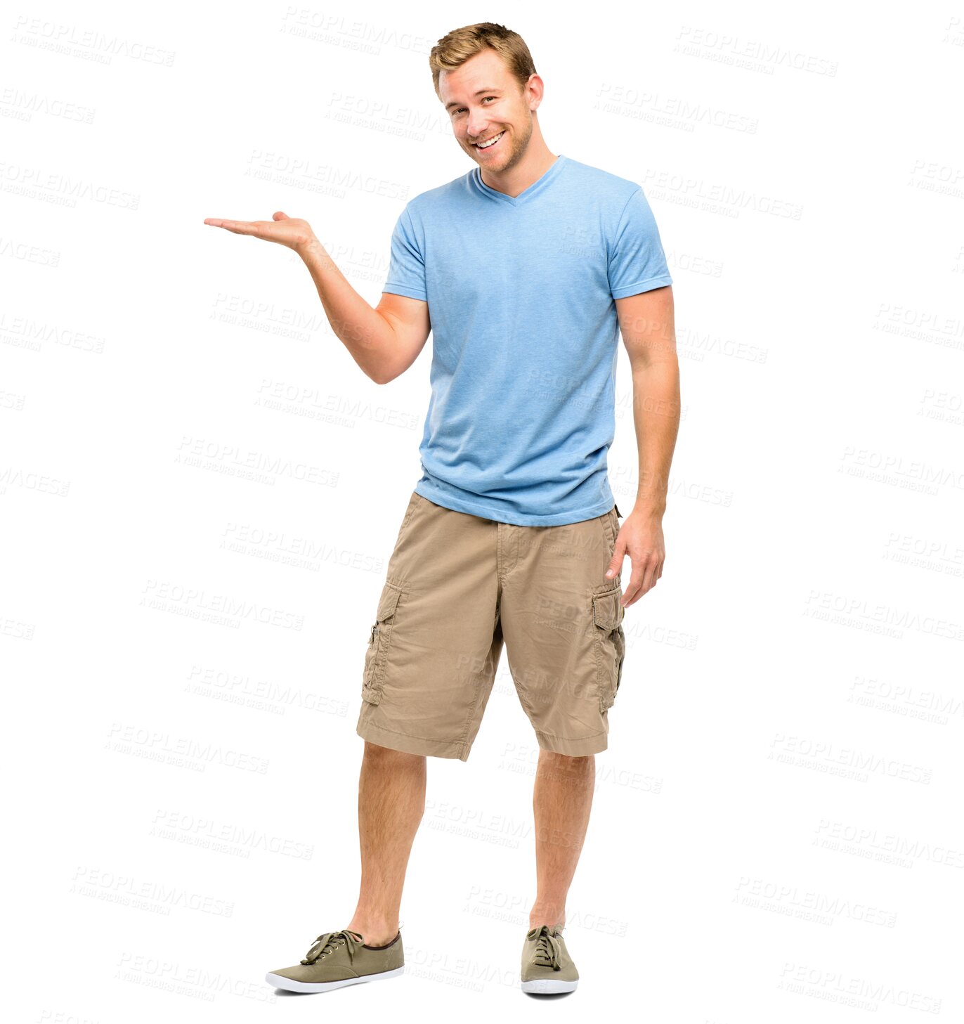Buy stock photo Marketing, open palm and portrait of a man showing product placement for advertising. Happy full body of a male model, presentation and option hand sign isolated on a transparent png background.