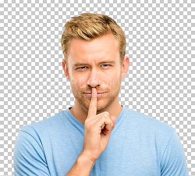 Buy stock photo Man, face and portrait with secret, whisper or silent standing isolated on a transparent PNG background. Male person, guy or model with hands on lips for quiet, gossip or private and confidential