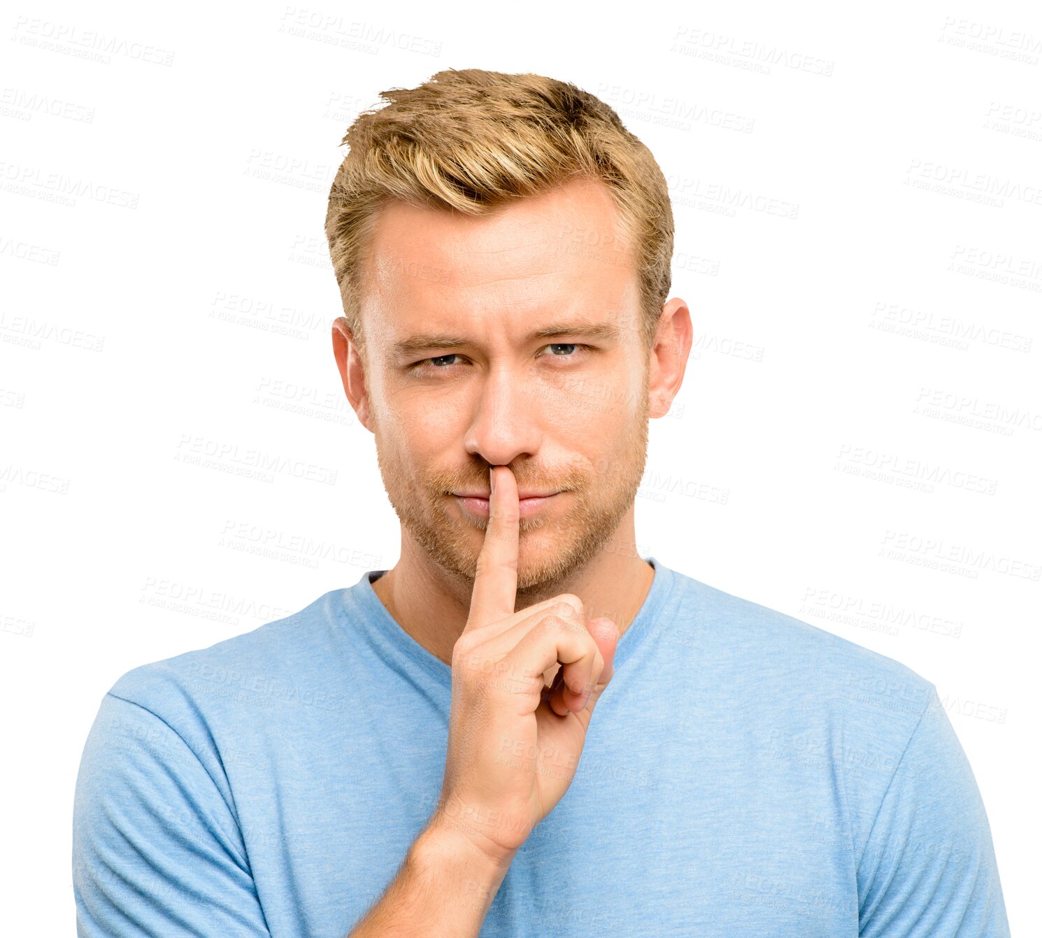 Buy stock photo Man, face and portrait with secret, whisper or silent standing isolated on a transparent PNG background. Male person, guy or model with hands on lips for quiet, gossip or private and confidential