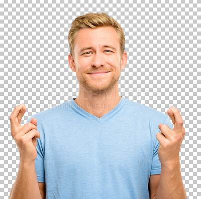 Buy stock photo Man, face and portrait with fingers crossed for luck or hope isolated on a transparent PNG background. Happy male person, guy or model with smile and finger cross for lucky draw, prize or competition