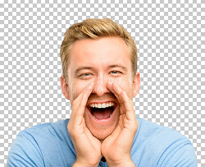 Buy stock photo Shouting, announcement and screaming man, excited or calling for attention isolated on a transparent png background. Face, mouth and portrait of happy young person with voice, winning and celebration