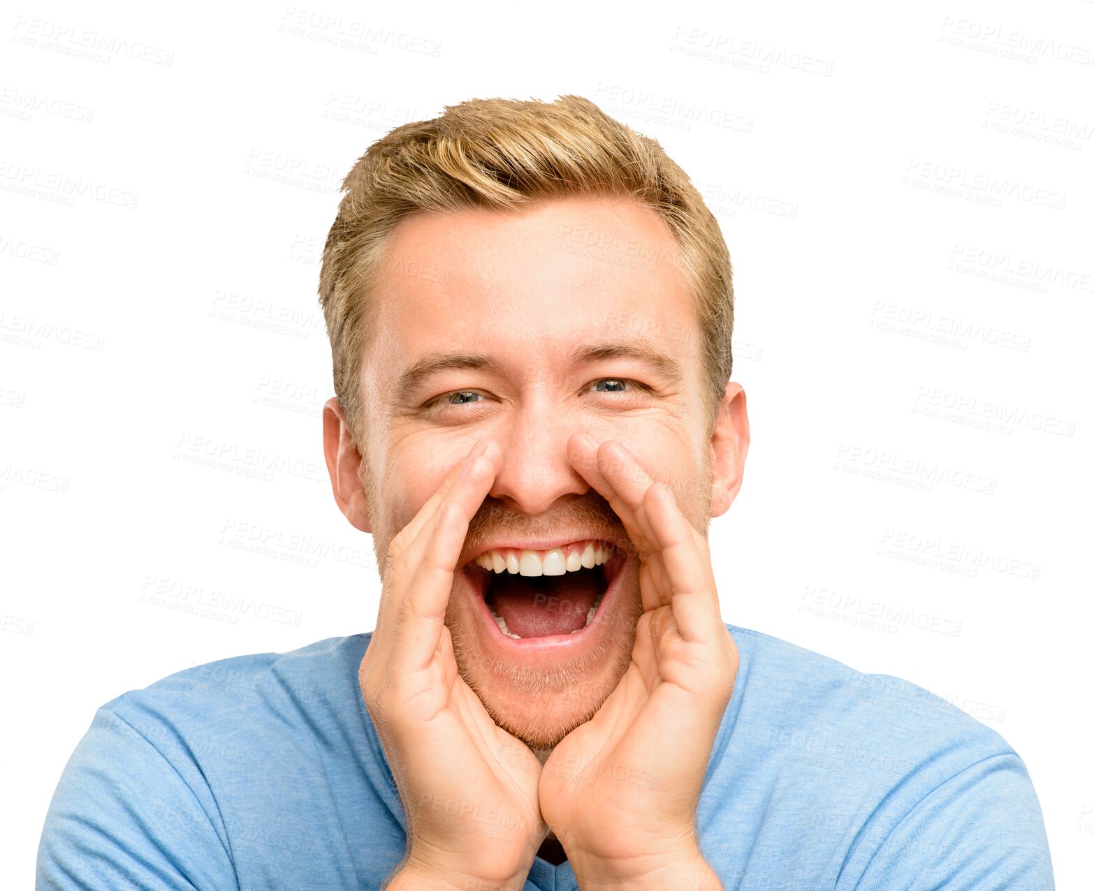 Buy stock photo Shouting, announcement and screaming man, excited or calling for attention isolated on a transparent png background. Face, mouth and portrait of happy young person with voice, winning and celebration
