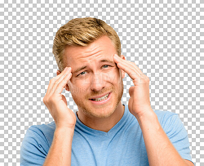 Buy stock photo Headache, stress and man with pain or fear and feeling sad isolated in a transparent or png background. Sad, problem and portrait of a young person frustrated with hurt due to migraine pressure