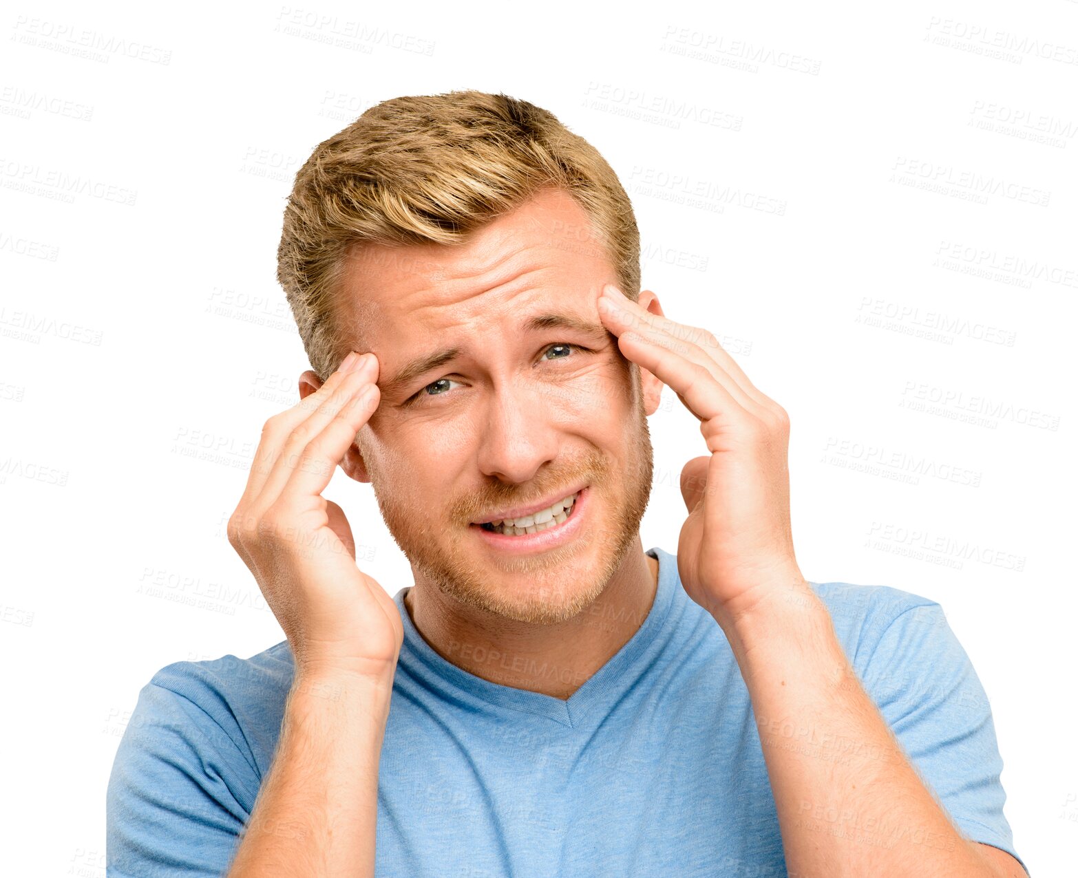 Buy stock photo Headache, stress and man with pain or fear and feeling sad isolated in a transparent or png background. Sad, problem and portrait of a young person frustrated with hurt due to migraine pressure