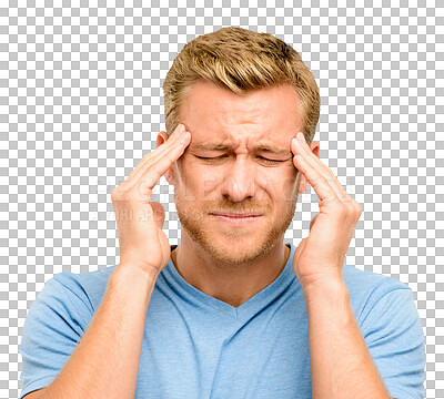 Buy stock photo Headache, problem and man with pain or fear and feeling sad isolated in a transparent or png background. Sad, stress and portrait of a young person frustrated with hurt due to migraine pressure