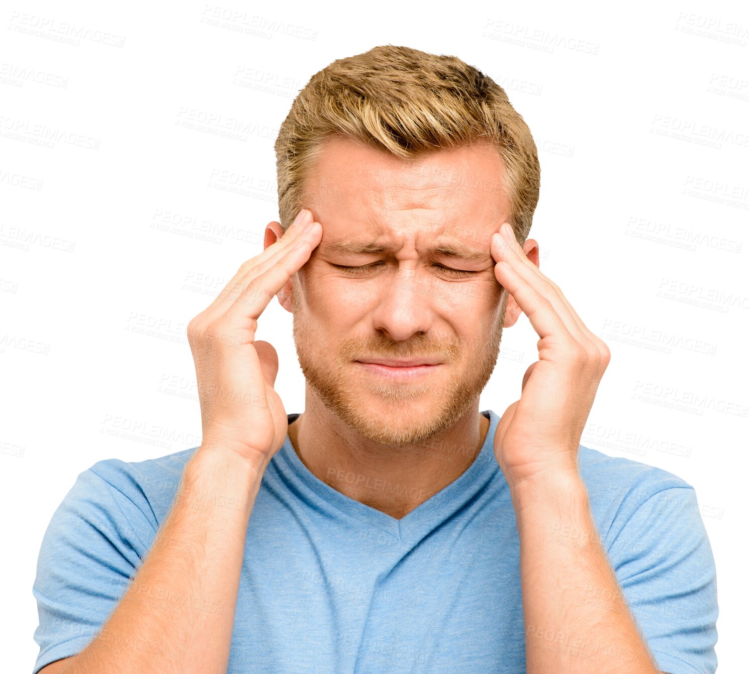 Buy stock photo Headache, problem and man with pain or fear and feeling sad isolated in a transparent or png background. Sad, stress and portrait of a young person frustrated with hurt due to migraine pressure
