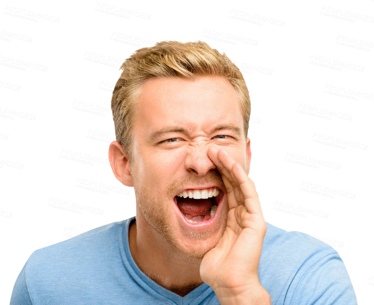 Buy stock photo Voice, announcement and man screaming excited or calling for attention isolated in a transparent or png background. Face, mouth and portrait of young person shouting for celebration and winning
