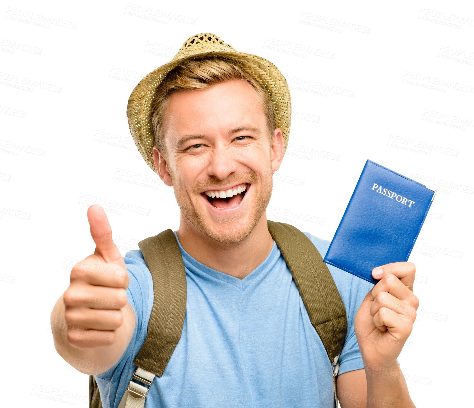 Buy stock photo Happy man, portrait and passport with thumbs up for winning or travel isolated on a transparent PNG background. Excited male person with smile and thumb emoji, yes sign or like for traveling success