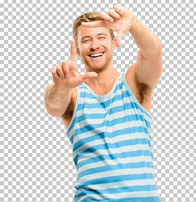 Buy stock photo Happy man, portrait and hands in frame for photo isolated on a transparent PNG background. Male person, guy and model smile with hand framing face for perfect picture, memory and capture photograph