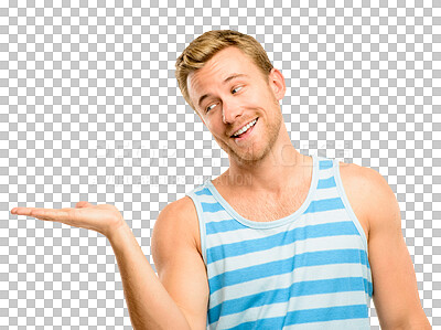 Buy stock photo Marketing, open palm and young man showing product placement for advertising. Happy male model with an option of hand sign, gesture and presentation isolated by a transparent png background.