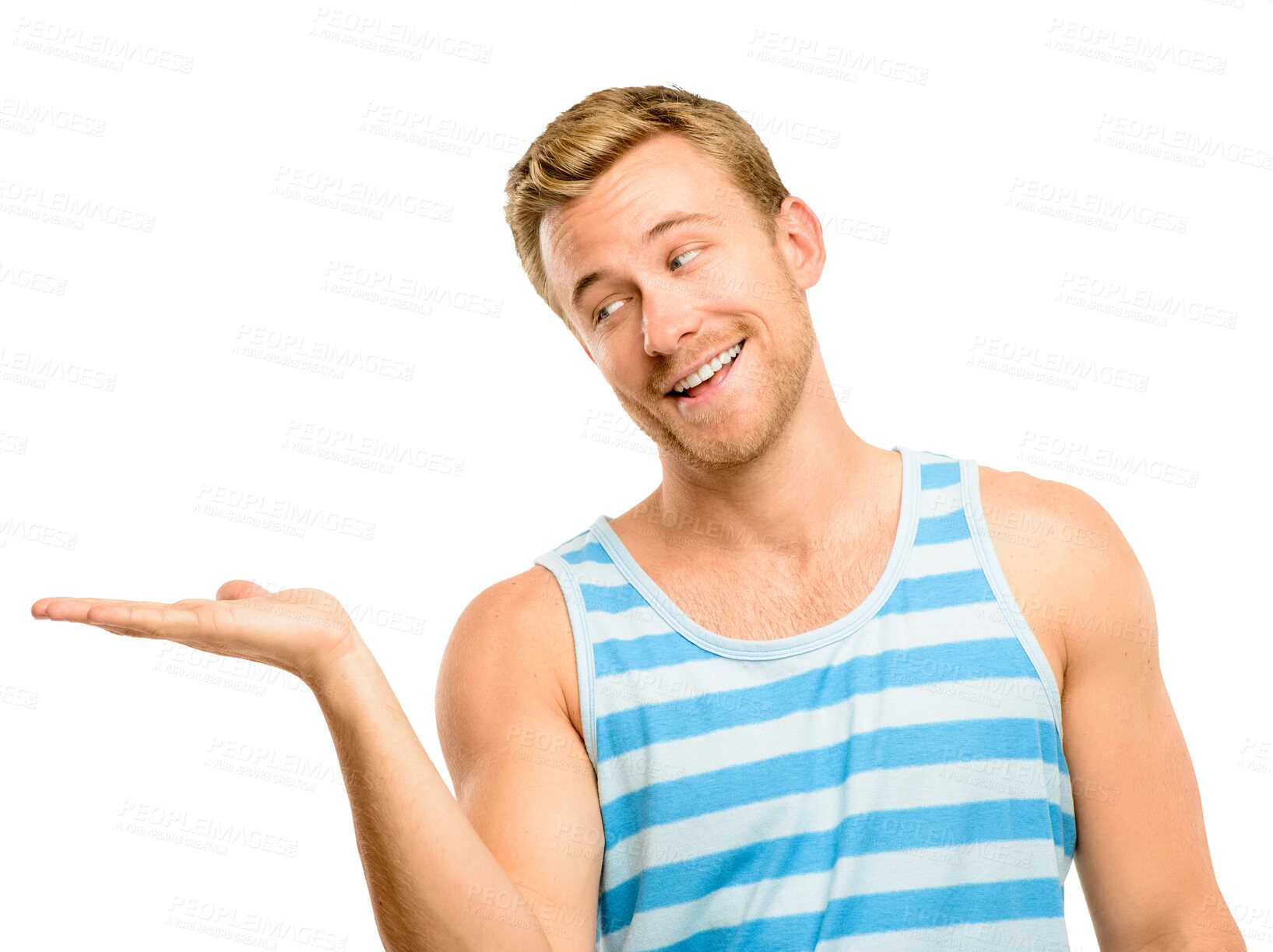 Buy stock photo Marketing, open palm and young man showing product placement for advertising. Happy male model with an option of hand sign, gesture and presentation isolated by a transparent png background.