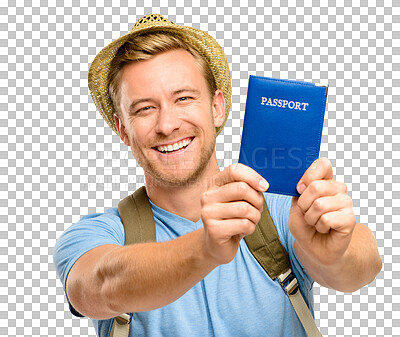 Buy stock photo Happy man, face and portrait smile with passport for travel isolated on a transparent PNG background. Excited male person or traveler smiling with identification document or pass for traveling trip