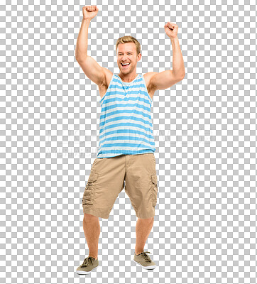 Buy stock photo Happy man, fist and celebration for winning victory standing isolated on a transparent PNG background. Excited male person or winner in joy for achievement, good news or win in success or motivation