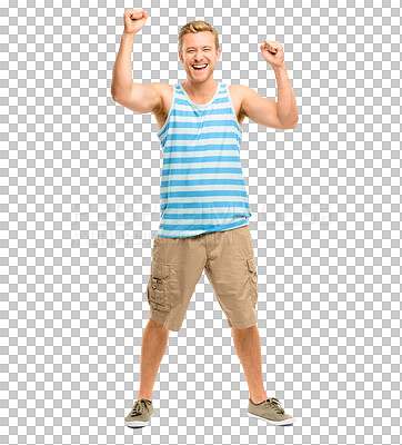 Buy stock photo Happy man, fist and celebration for goals or success standing isolated on a transparent PNG background. Portrait of excited male person in joy for winning achievement or victory in casual clothing