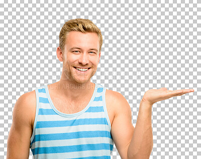 Buy stock photo Presentation, open palm and portrait of a man showing product placement for advertising. Happy, smile and male model with an option hand sign for marketing isolated by a transparent png background.