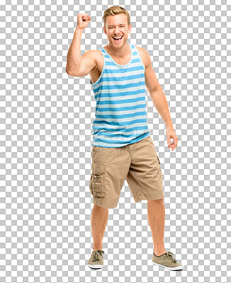 Buy stock photo Happy man, fist and celebration for win or success standing isolated on a transparent PNG background. Excited male person in joy for winning achievement, motivation or bonus victory of winner in yes