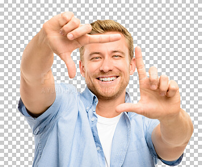 Buy stock photo Hand frame, portrait and man with a smile isolated on a transparent, png background. Happy, male person and emoji gesture for picture with casual fashion and style while posing with framing sign