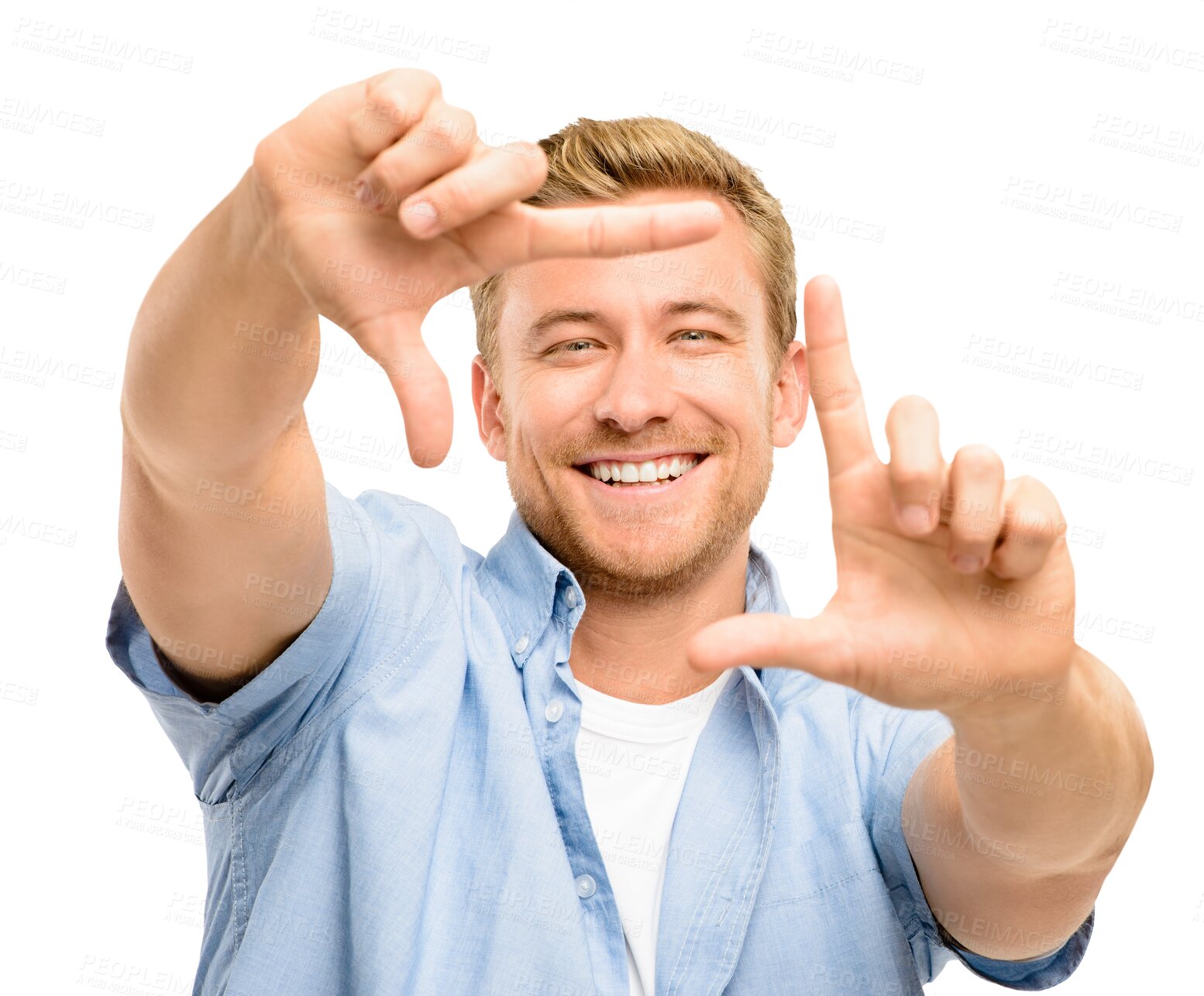 Buy stock photo Hand frame, portrait and man with a smile isolated on a transparent, png background. Happy, male person and emoji gesture for picture with casual fashion and style while posing with framing sign
