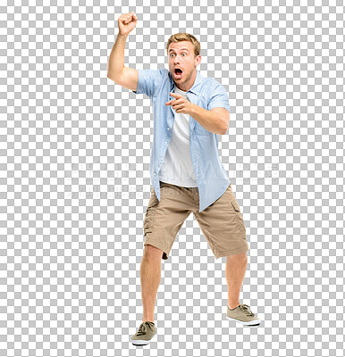 Buy stock photo Surprise, pointing and man scream with shock on isolated, PNG and transparent background. Hand gesture, anger and surprised male person panic with calling hands sign for alert, news and attention