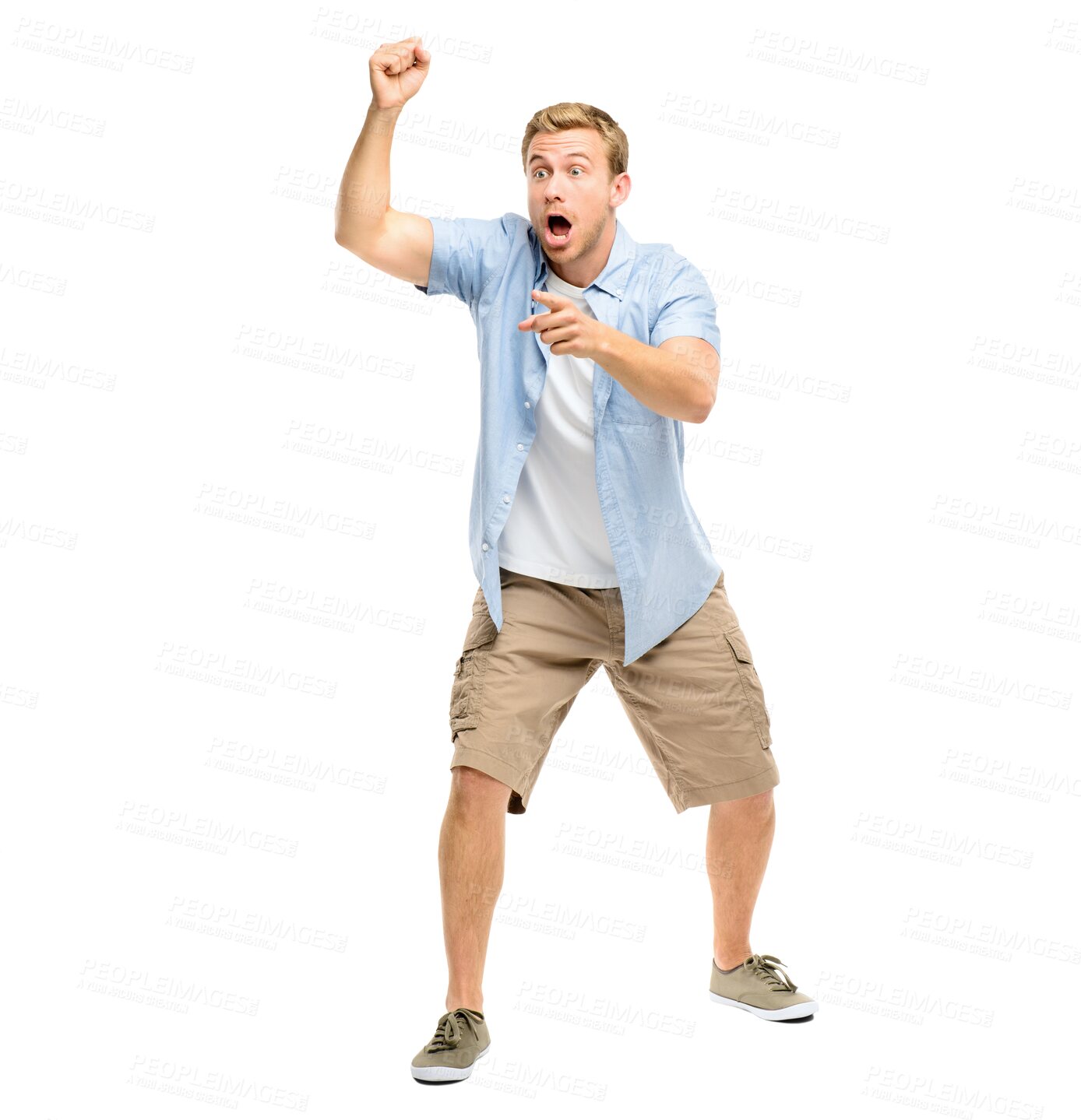 Buy stock photo Surprise, pointing and man scream with shock on isolated, PNG and transparent background. Hand gesture, anger and surprised male person panic with calling hands sign for alert, news and attention