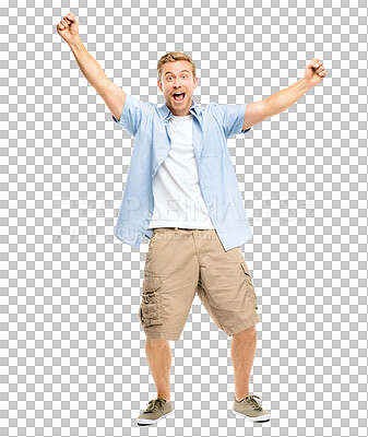 Buy stock photo Portrait, surprised or happy man in celebration for winning a deal isolated on transparent PNG background. Wow, crazy winner or shocked person in joy with smile excited by victory success or reward