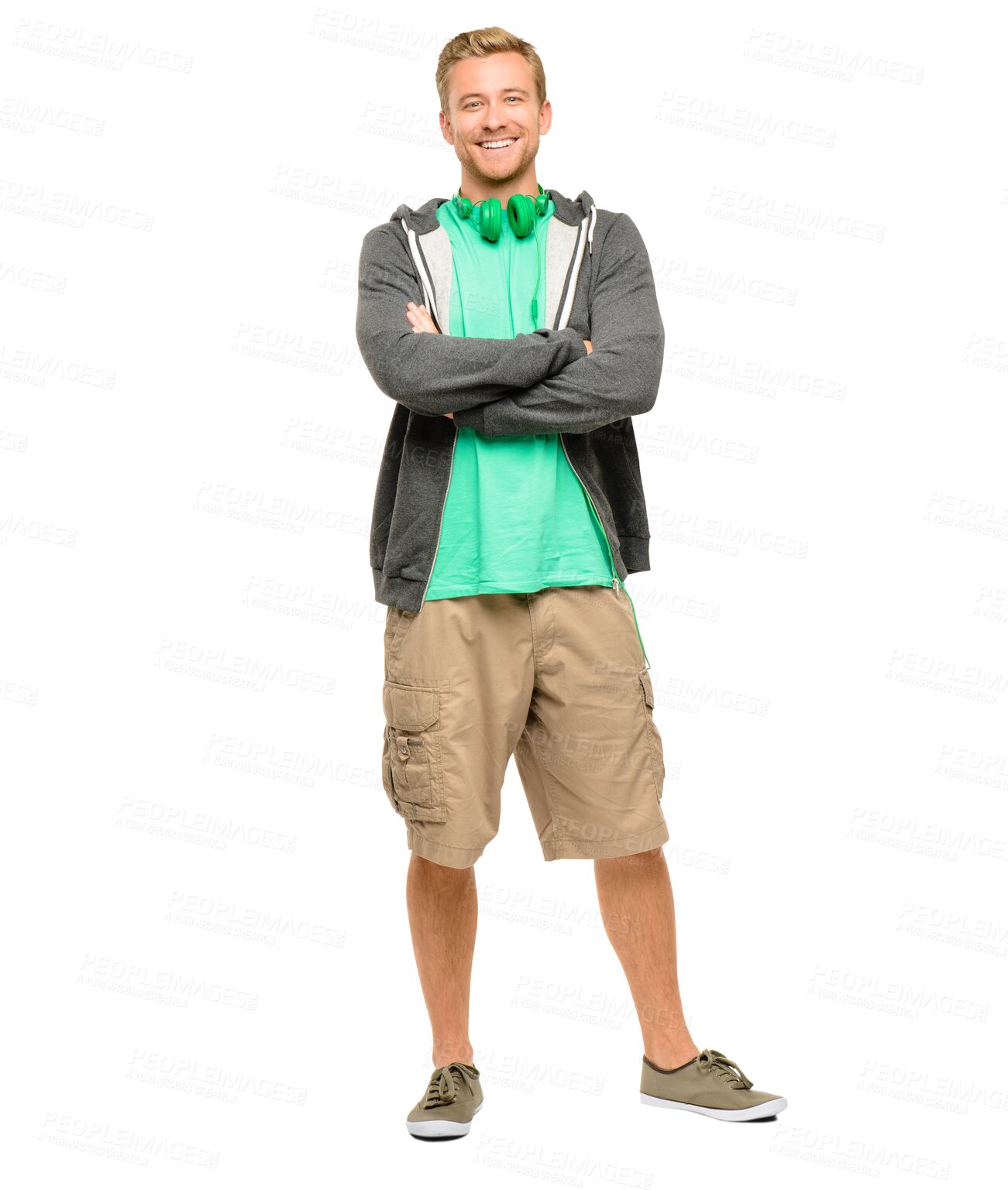 Buy stock photo Portrait, headphones or happy man with arms crossed, fashion or confident positive attitude. Happiness, proud smile or full body of hipster guy with confidence isolated on transparent png background 