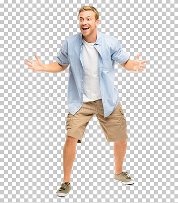 Buy stock photo Announcement, excited or happy man in celebration for winning a deal isolated on transparent PNG background. Wow, crazy winner or shocked person with smile surprised by victory success or reward 