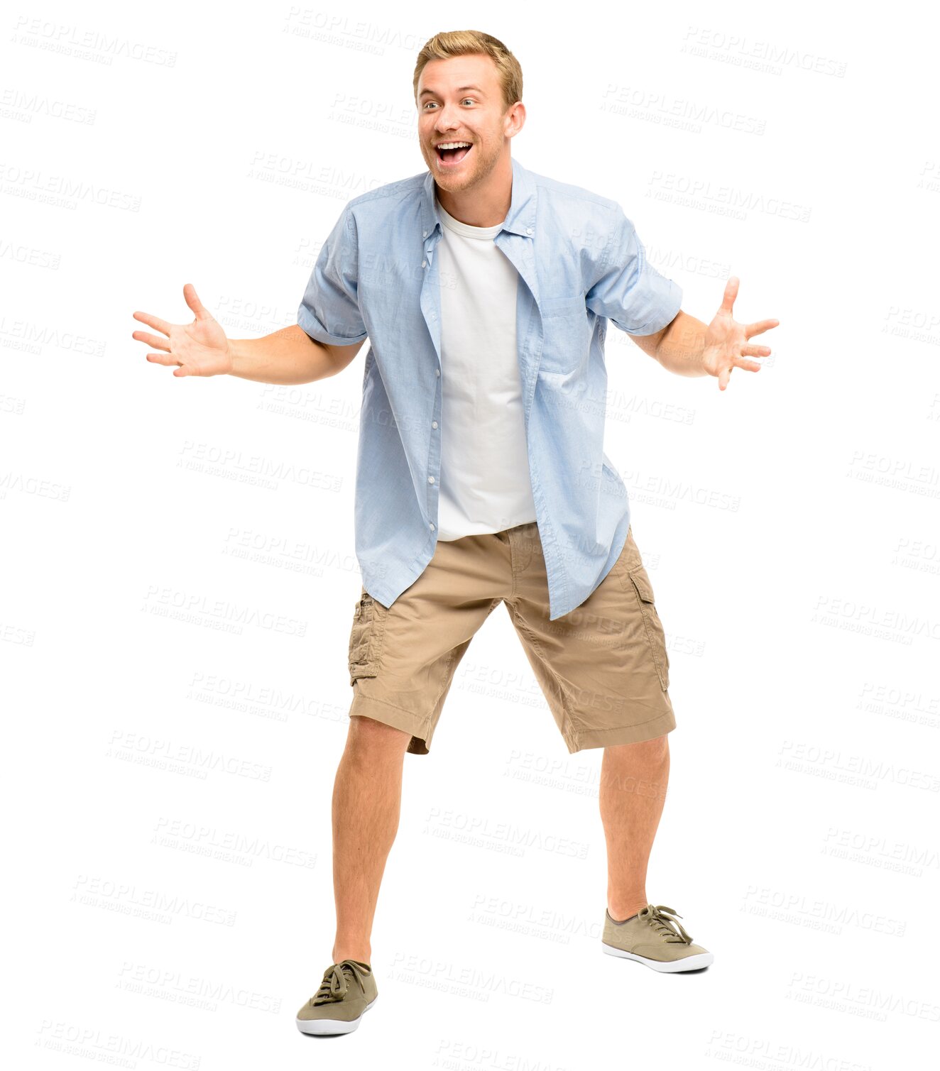 Buy stock photo Announcement, excited or happy man in celebration for winning a deal isolated on transparent PNG background. Wow, crazy winner or shocked person with smile surprised by victory success or reward 