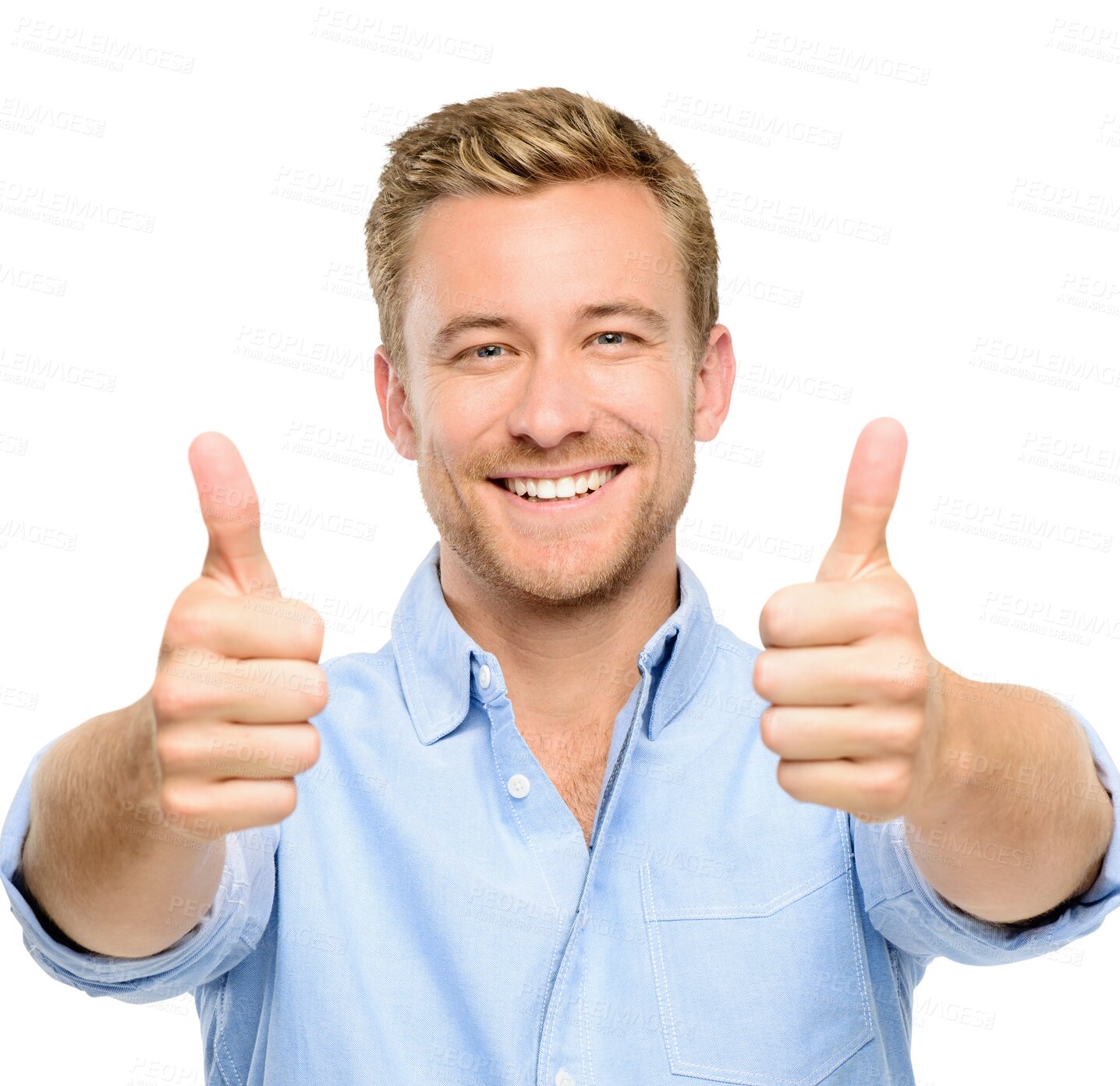 Buy stock photo Happy man, portrait smile and hands in thumbs up for success isolated on a transparent PNG background. Face of male person or model smiling in happiness with thumb emoji yes sign or like for approval