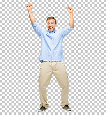 Buy stock photo Target, winner or excited man in celebration for winning a deal isolated on transparent PNG background. Wow, motivation or happy person in joy with smile for victory success, achievement or reward