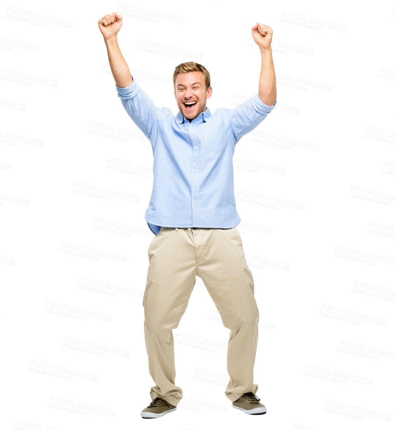 Buy stock photo Target, winner or excited man in celebration for winning a deal isolated on transparent PNG background. Wow, motivation or happy person in joy with smile for victory success, achievement or reward