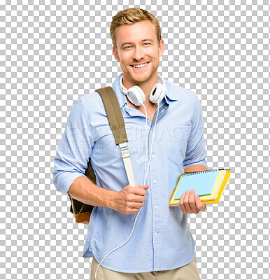 Buy stock photo Student, education or portrait of happy man with books isolated on transparent or png background. Headphones, school or learner smiling with knowledge ready to start learning or studying in college