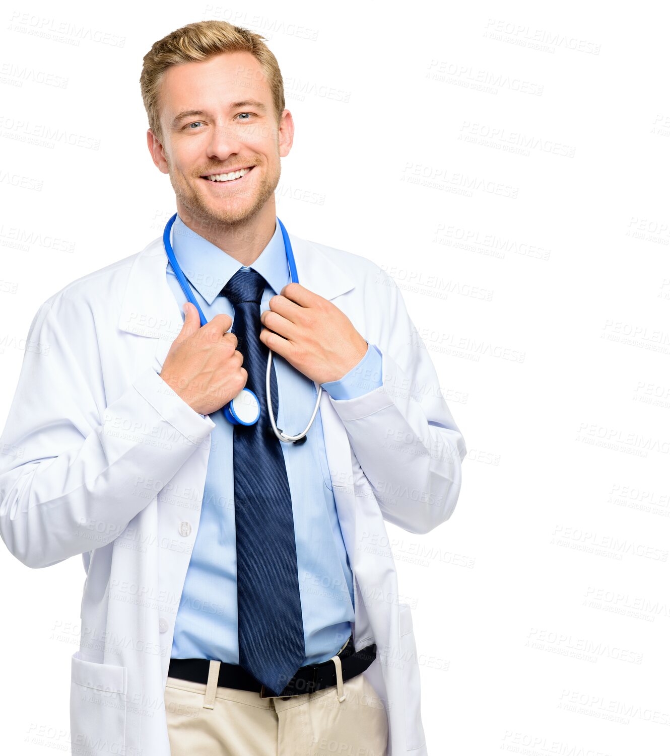 Buy stock photo Portrait, doctor or happy man with smile or confidence isolated on transparent png background. Face, proud consultant or confident medical worker smiling with a stethoscope or tools for wellness 