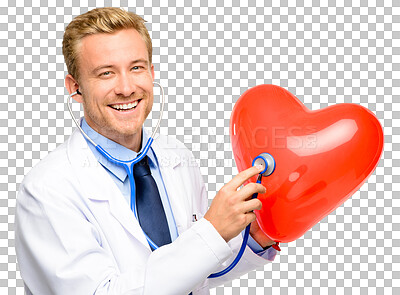 Buy stock photo Happy man, doctor and stethoscope on heart for healthcare cardiology isolated on a transparent PNG background. Portrait of male person or medical professional smile with love symbol, sign or shape