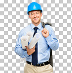 PNG Shot of a handsome young contractor standing alone in the studio and holding blueprints