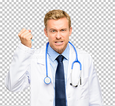 Buy stock photo Portrait, doctor or angry man with fist, anger or frustration problems isolated on transparent png background. Face, consultant fighting or medical worker frustrated by stress, failure or bad emotion