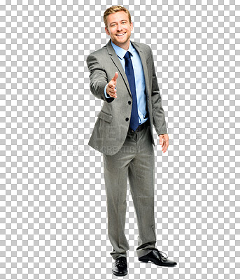 Buy stock photo Happy businessman, portrait and handshake for meeting isolated on a transparent PNG background. Man executive or employee smile standing and shaking hands for business deal, agreement or introduction