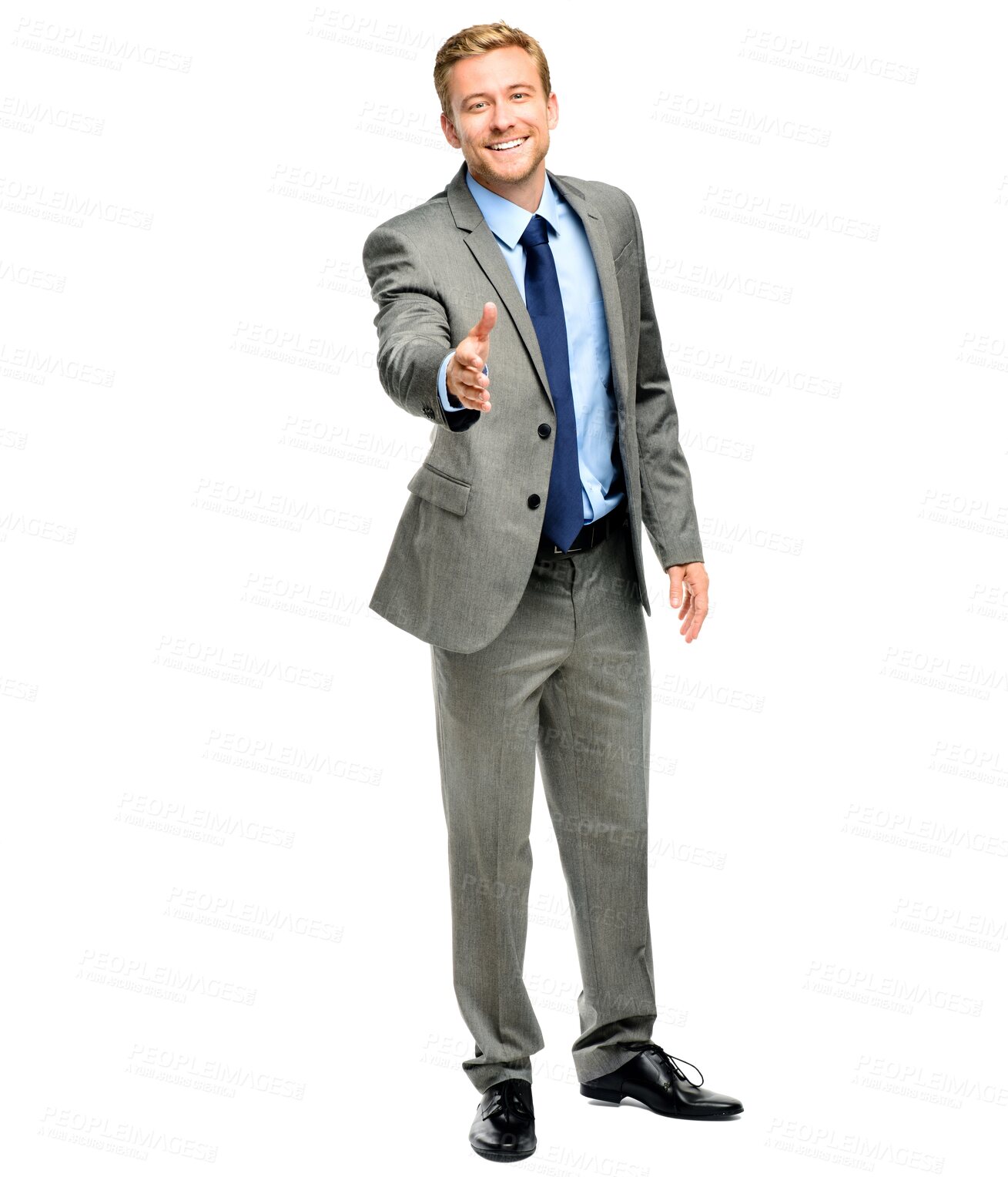 Buy stock photo Happy businessman, portrait and handshake for meeting isolated on a transparent PNG background. Man executive or employee smile standing and shaking hands for business deal, agreement or introduction
