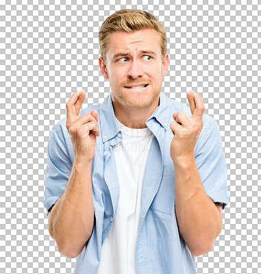 Buy stock photo Wish, fingers crossed and face of man with worry on isolated, PNG and transparent background. Hope, luck and male person with hand gesture waiting for winning competition, good news and promotion