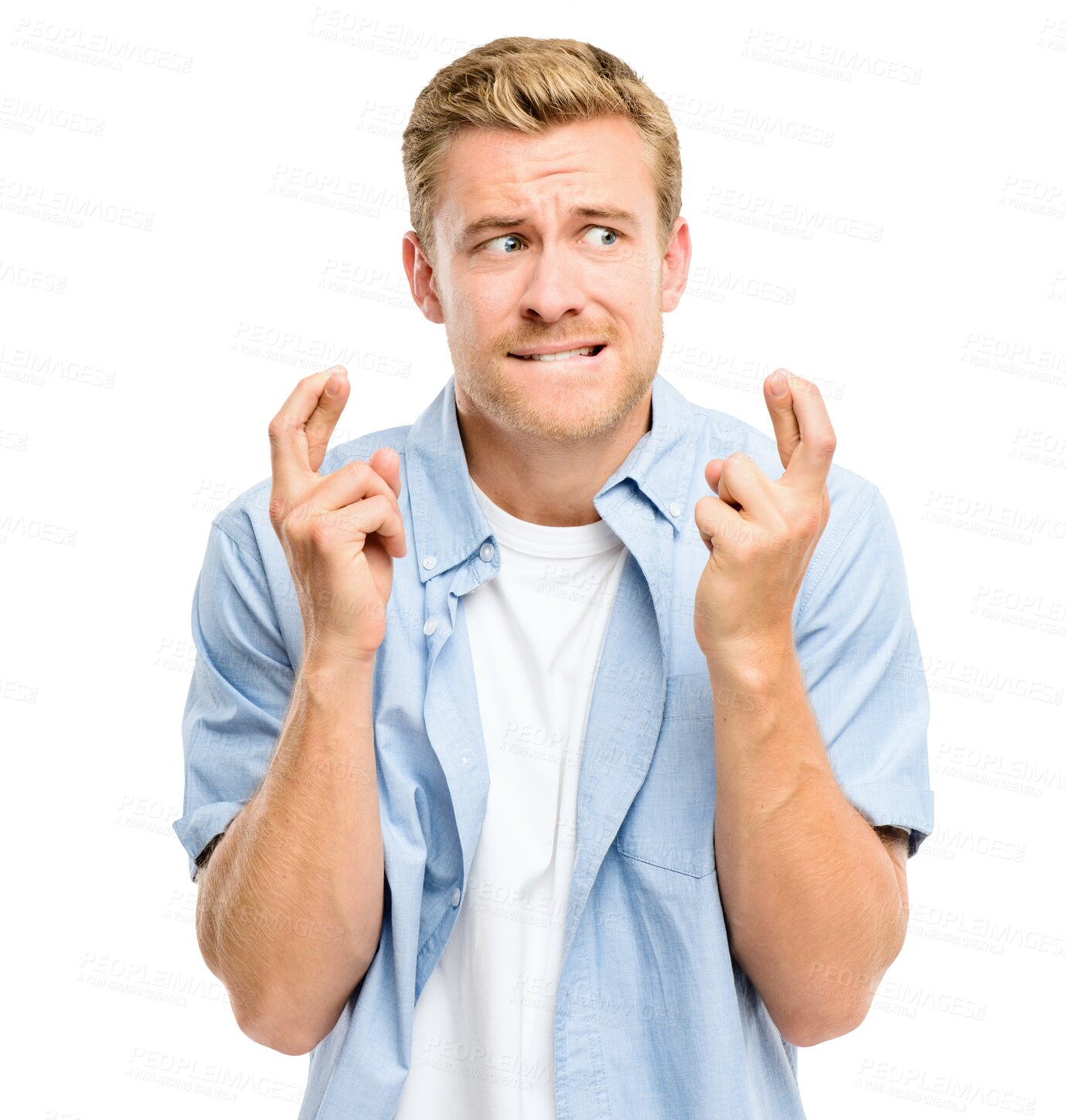 Buy stock photo Wish, fingers crossed and face of man with worry on isolated, PNG and transparent background. Hope, luck and male person with hand gesture waiting for winning competition, good news and promotion