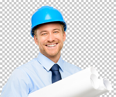 Buy stock photo Happy man, portrait and architect with blueprint for engineering isolated on a transparent PNG background. Face of male engineer and contractor smile with documents for construction property project