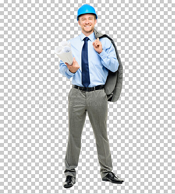 Buy stock photo Portrait, man and architect with blueprint, suit and safety helmet isolated on transparent png background. Architecture, engineering contractor and happy businessman with building plans and smile.