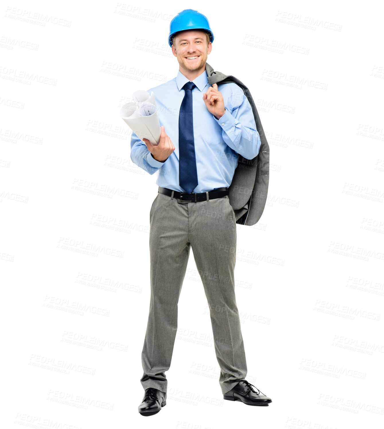 Buy stock photo Portrait, man and architect with blueprint, suit and safety helmet isolated on transparent png background. Architecture, engineering contractor and happy businessman with building plans and smile.