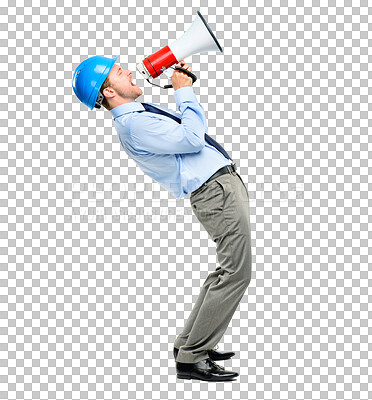 Buy stock photo Megaphone, scream and male construction worker with an announcement for an industry project. Safety, bullhorn and full body of man industrial employee shouting isolated by transparent png background.