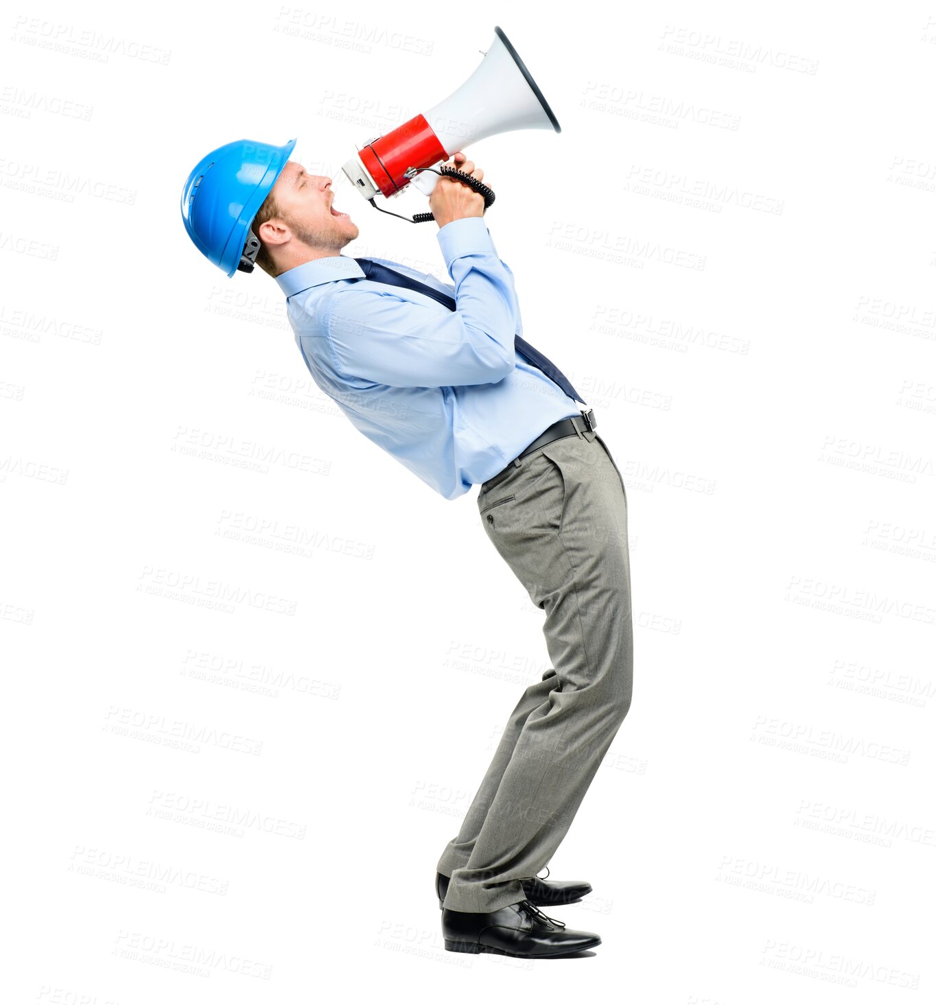 Buy stock photo Megaphone, scream and male construction worker with an announcement for an industry project. Safety, bullhorn and full body of man industrial employee shouting isolated by transparent png background.