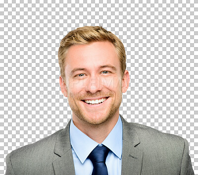 Buy stock photo Portrait of businessman, smile and confidence isolated on transparent png background with startup business job. Corporate consultant, employee and confident face of happy man with professional pride.