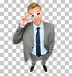 PNG High angle shot of a handsome young businessman standing alone in the studio and wearing 3d glasses