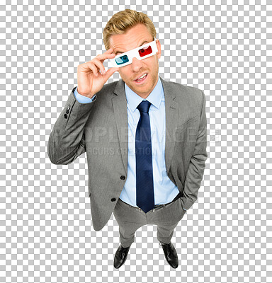 Buy stock photo 3d glasses, silly and portrait of a man in a suit with a confused or unsure face expression. Vr cinema, goofy and full body of a professional male person isolated by a transparent png background.