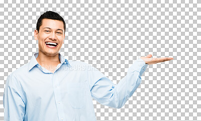 Buy stock photo Smile, announcement and portrait of Asian man showing offer, isolated on transparent png background. Promotion, information and business person pointing at deal space with hand gesture, excited smile