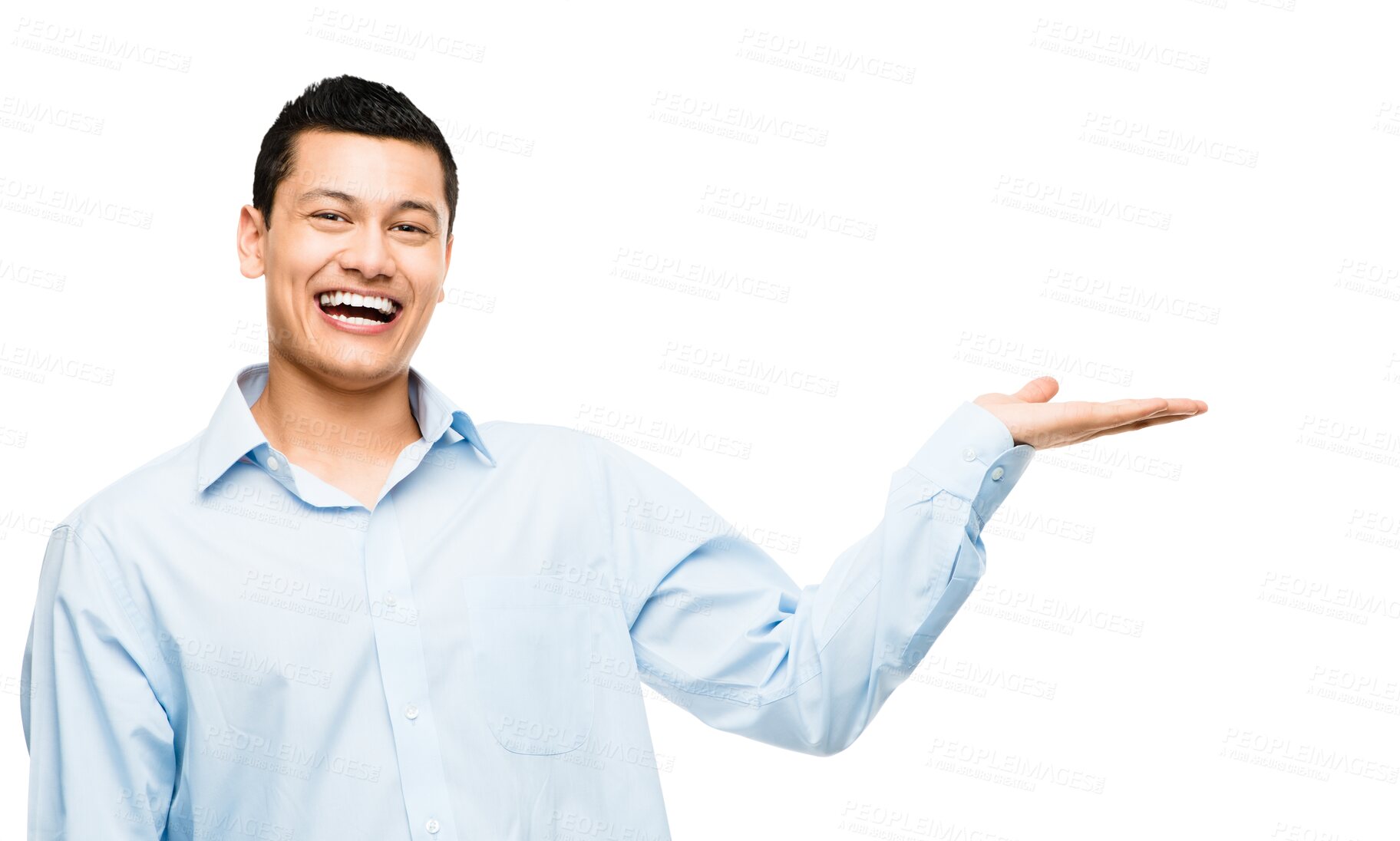 Buy stock photo Smile, announcement and portrait of Asian man showing offer, isolated on transparent png background. Promotion, information and business person pointing at deal space with hand gesture, excited smile
